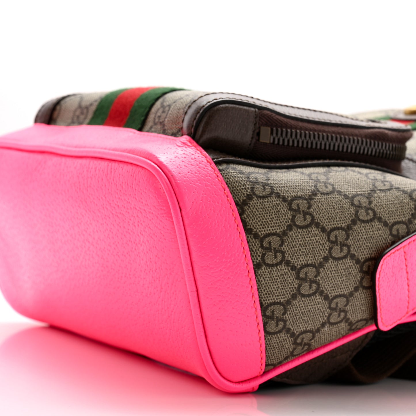 GG Supreme Monogram Textured Dollar Calfskin Web Small Ophidia Day Backpack Beige Ebony Fluorescent Fuchsia