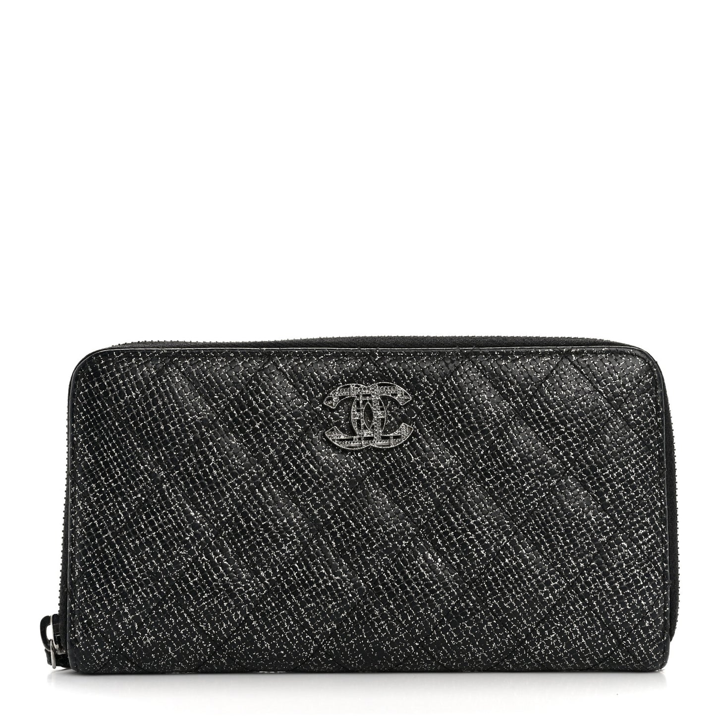 Glittered Calfskin Quilted Large Gusset Zip Wallet Black