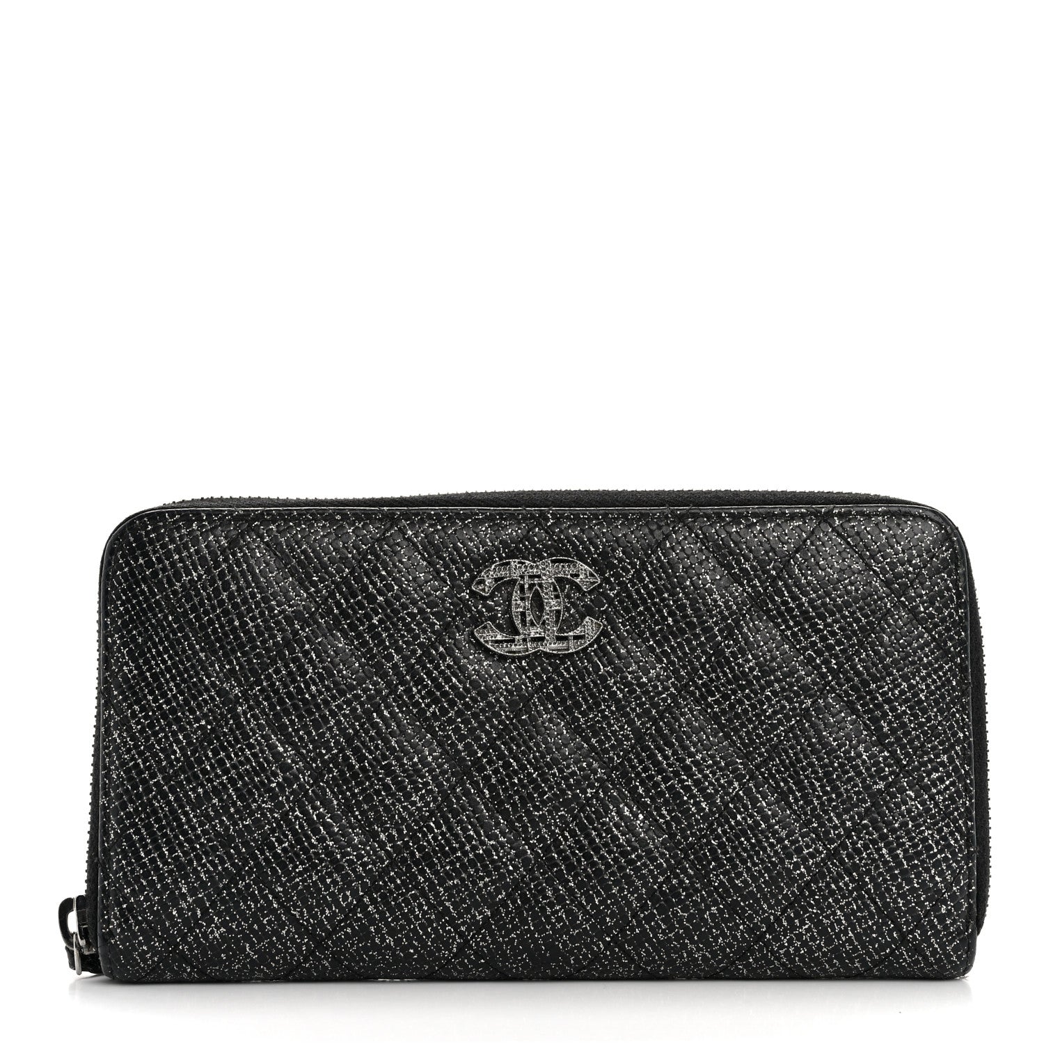 Chanel Glittered Calfskin Quilted Large Gusset Zip Wallet Black 1 of 12