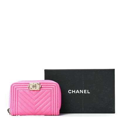 Chanel Caviar Chevron Quilted Boy Zip Around Coin Purse Wallet Pink 12 of 12