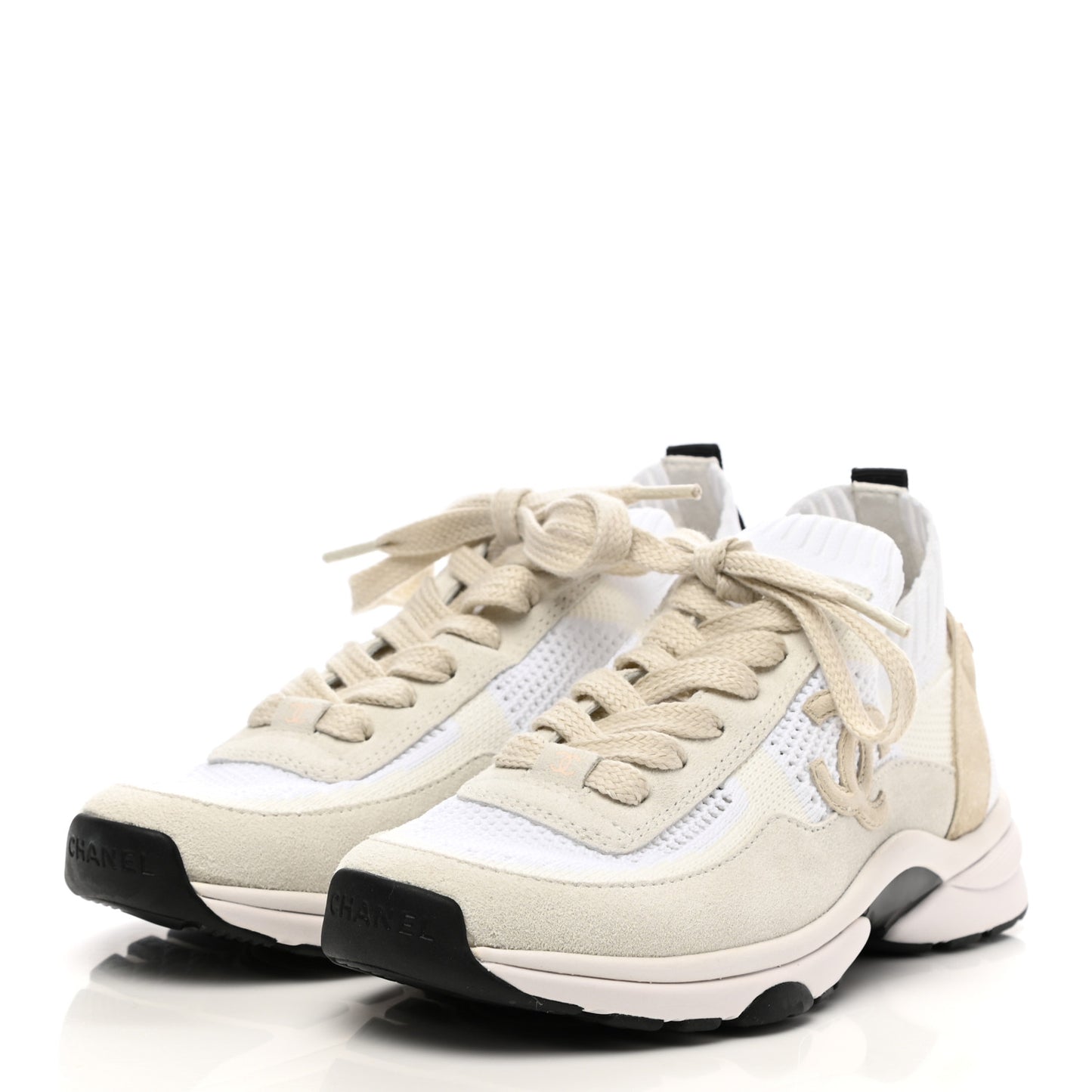 Mesh Suede Fabric Womens CC Sneakers 37 White Ivory Light Beige