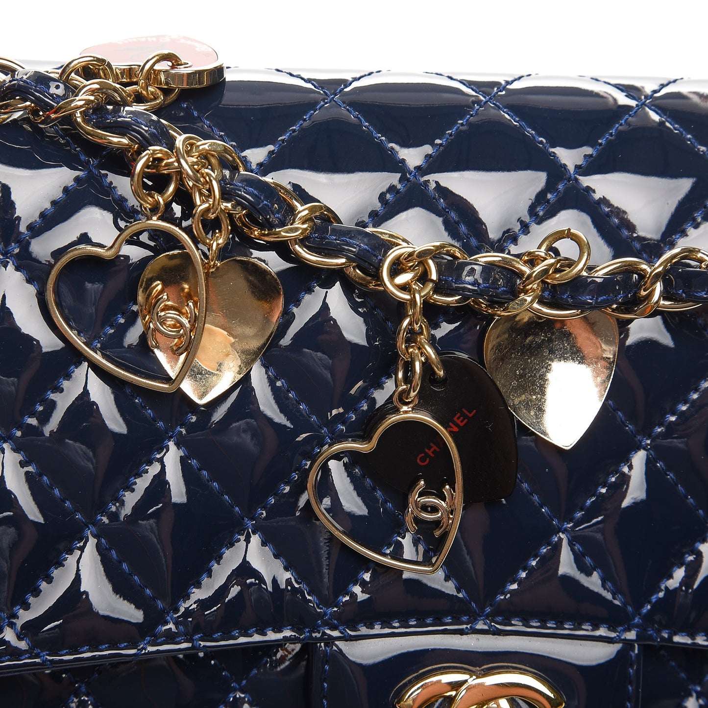 Patent Calfskin Quilted Valentine Charms Medium Single Flap Navy