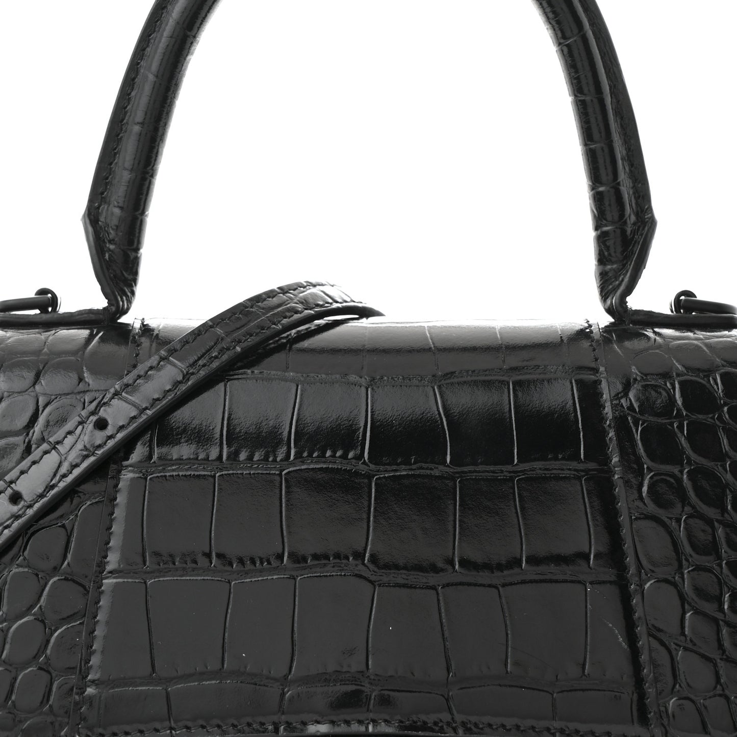 Shiny Calfskin Monochrome Crocodile Embossed Small Hourglass Top Handle Bag Black
