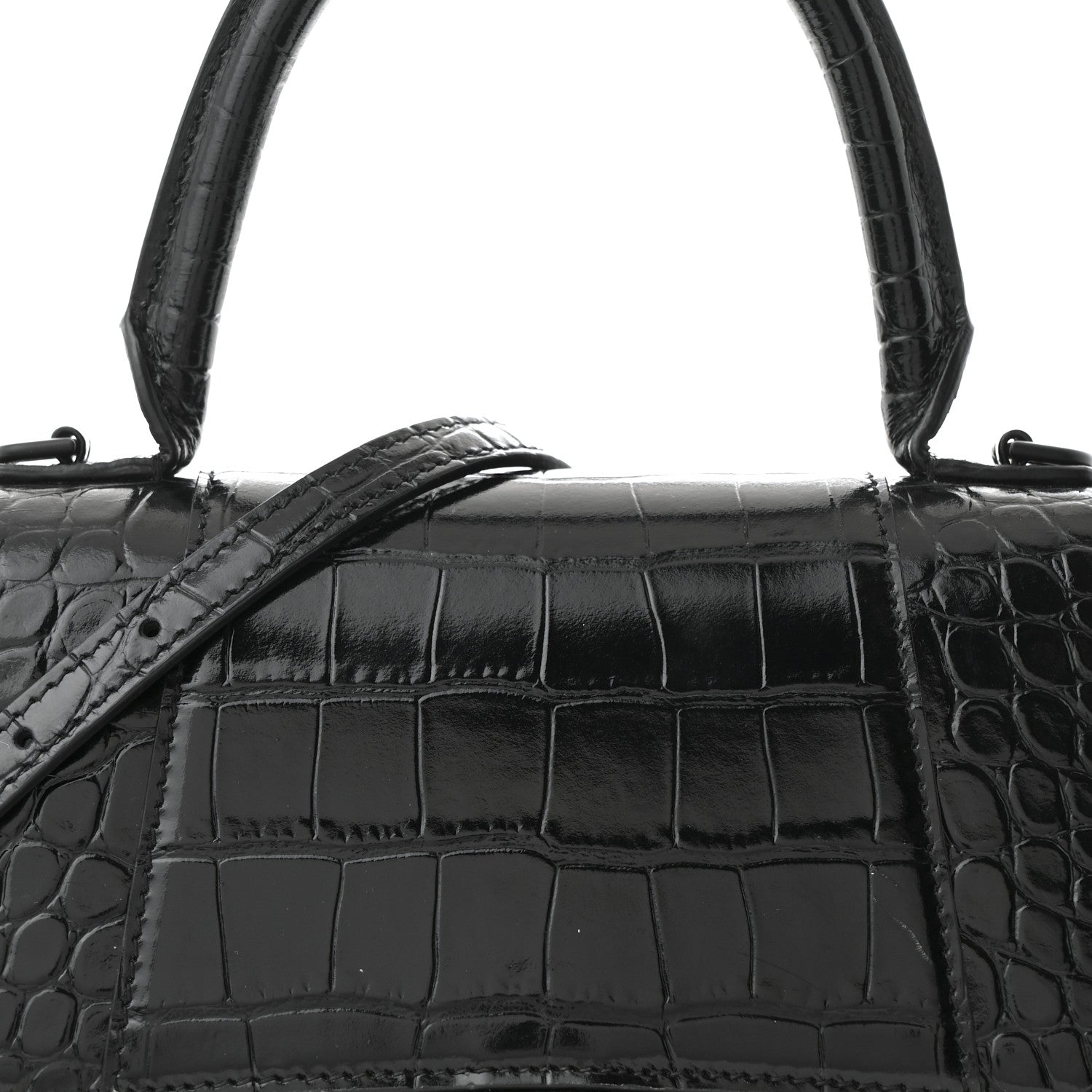 Balenciaga Shiny Calfskin Monochrome Crocodile Embossed Small Hourglass Top Handle Bag Black 8 of 10