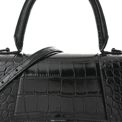 Balenciaga Shiny Calfskin Monochrome Crocodile Embossed Small Hourglass Top Handle Bag Black 8 of 10