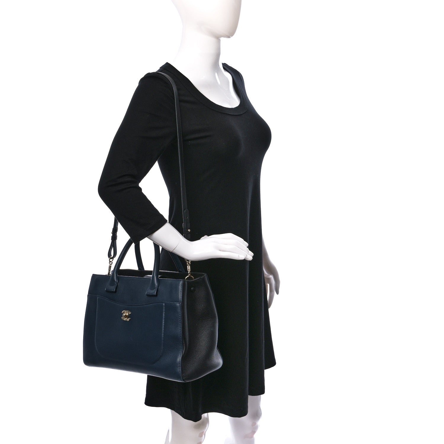 Chanel Grained Calfskin Small Neo Executive Shopper Tote Dark Blue Black 2 of 16