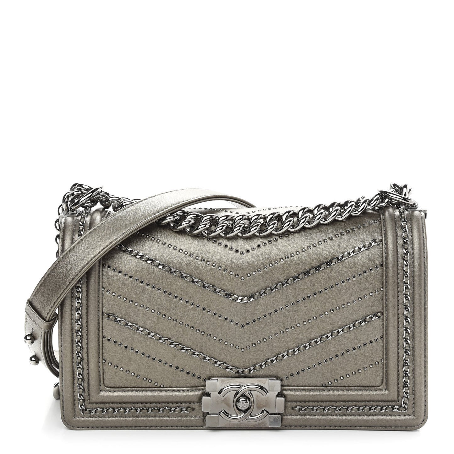 Metallic Crumpled Calfskin Chevron Chain Medium Boy Flap Grey