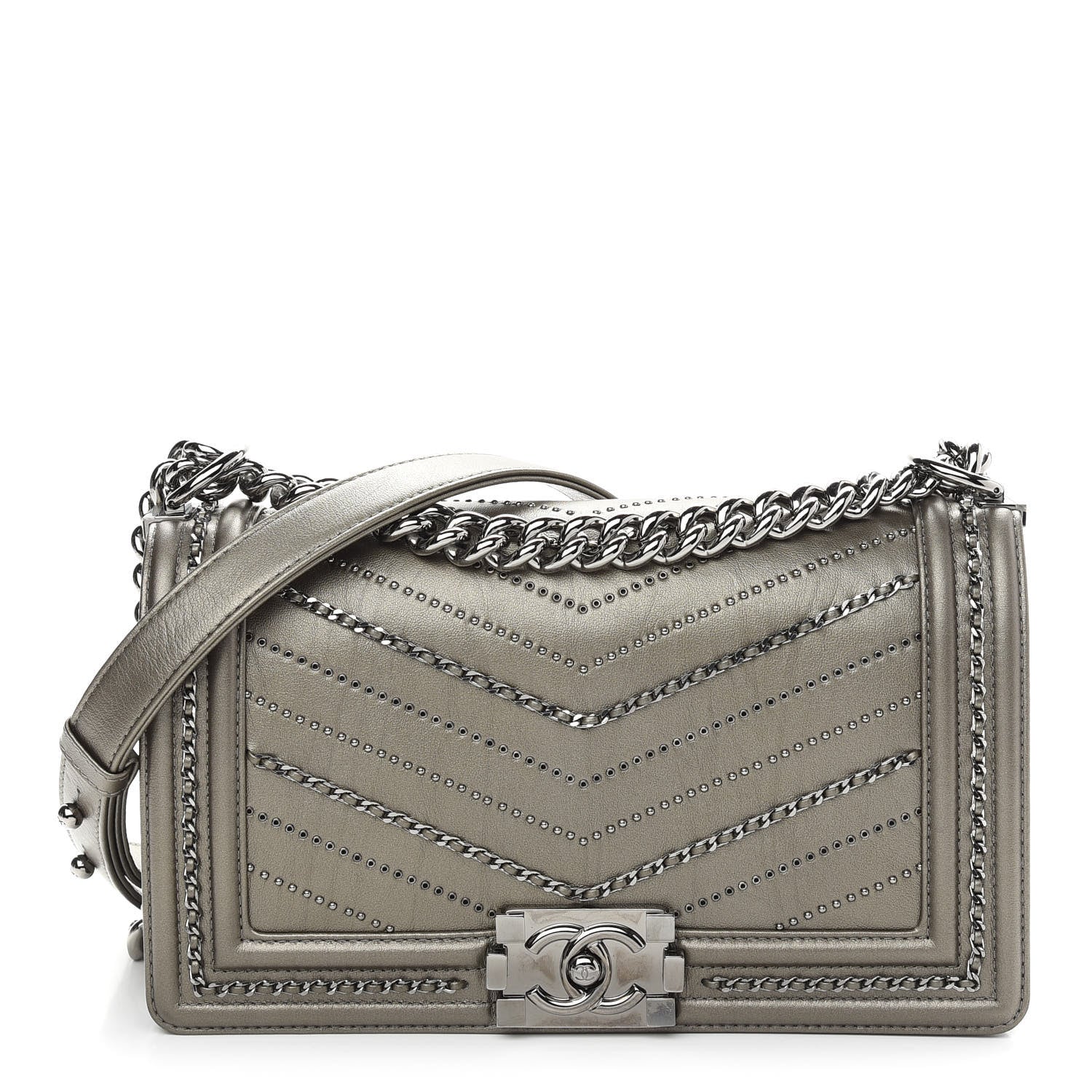 Chanel Metallic Crumpled Calfskin Chevron Chain Medium Boy Flap Grey 1 of 9