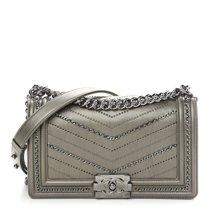 Chanel Metallic Crumpled Calfskin Chevron Chain Medium Boy Flap Grey 1 of 9