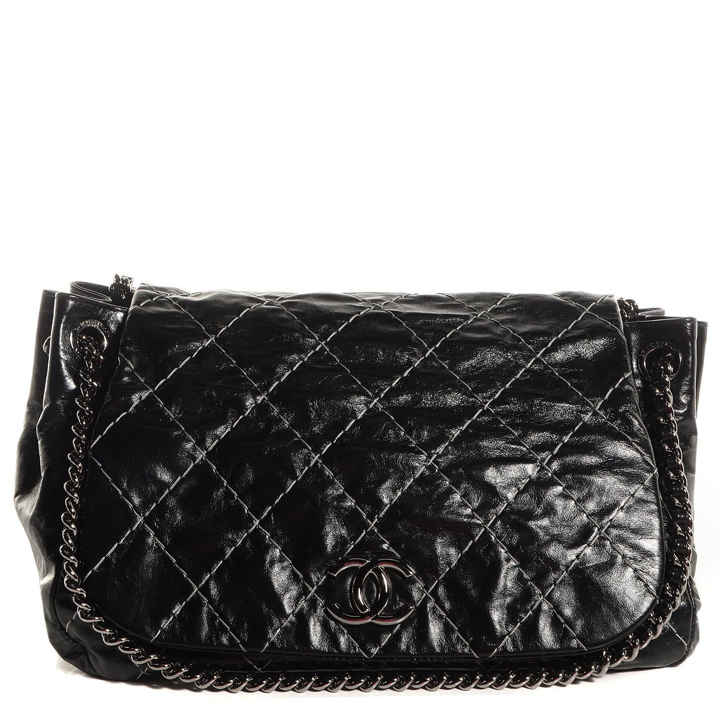 Glazed Goatskin Double Stitch Accordion Flap Black