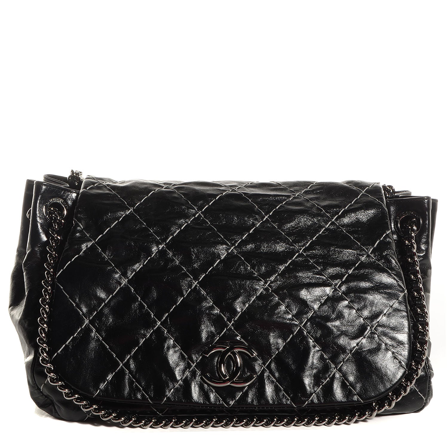 Chanel Glazed Goatskin Double Stitch Accordion Flap Black 1 of 7