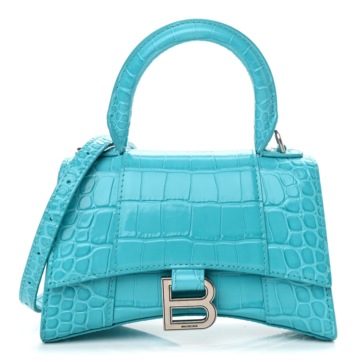 Balenciaga Shiny Calfskin Crocodile Embossed Hourglass Top Handle Bag XS Turquoise 1 of 11