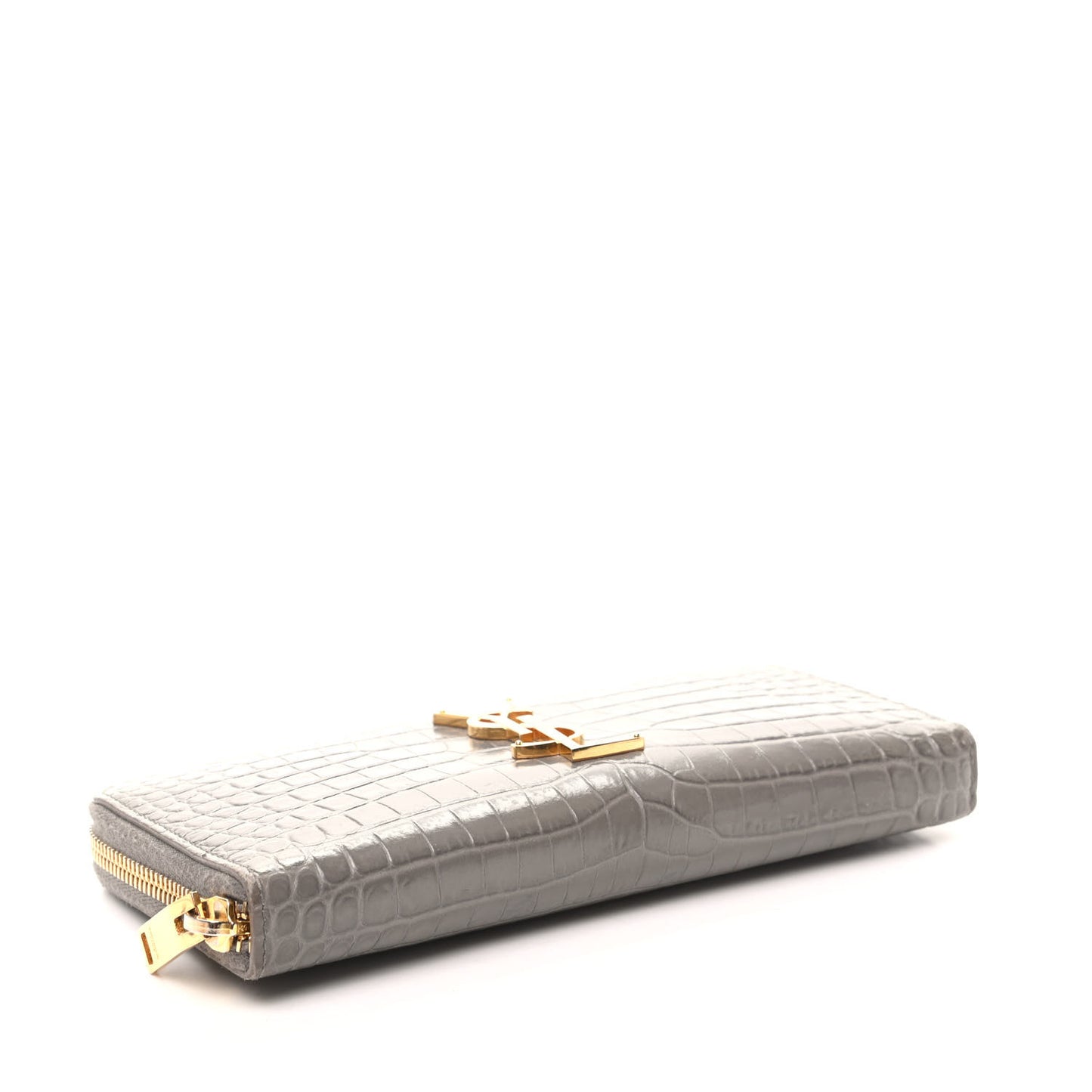 Calfskin Crocodile Embossed Monogram Zip Around Wallet Gray