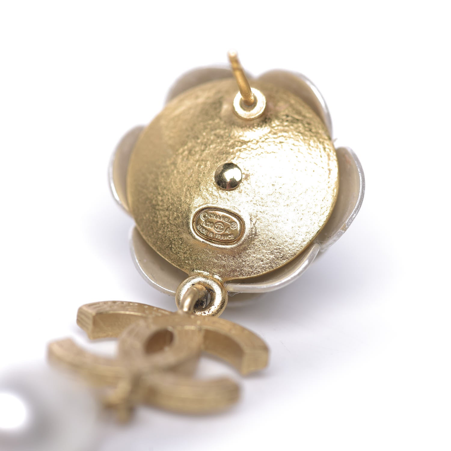 Chanel Metal Crystal Pearl 90s Camellia CC Drop Earrings Gold 4 of 5