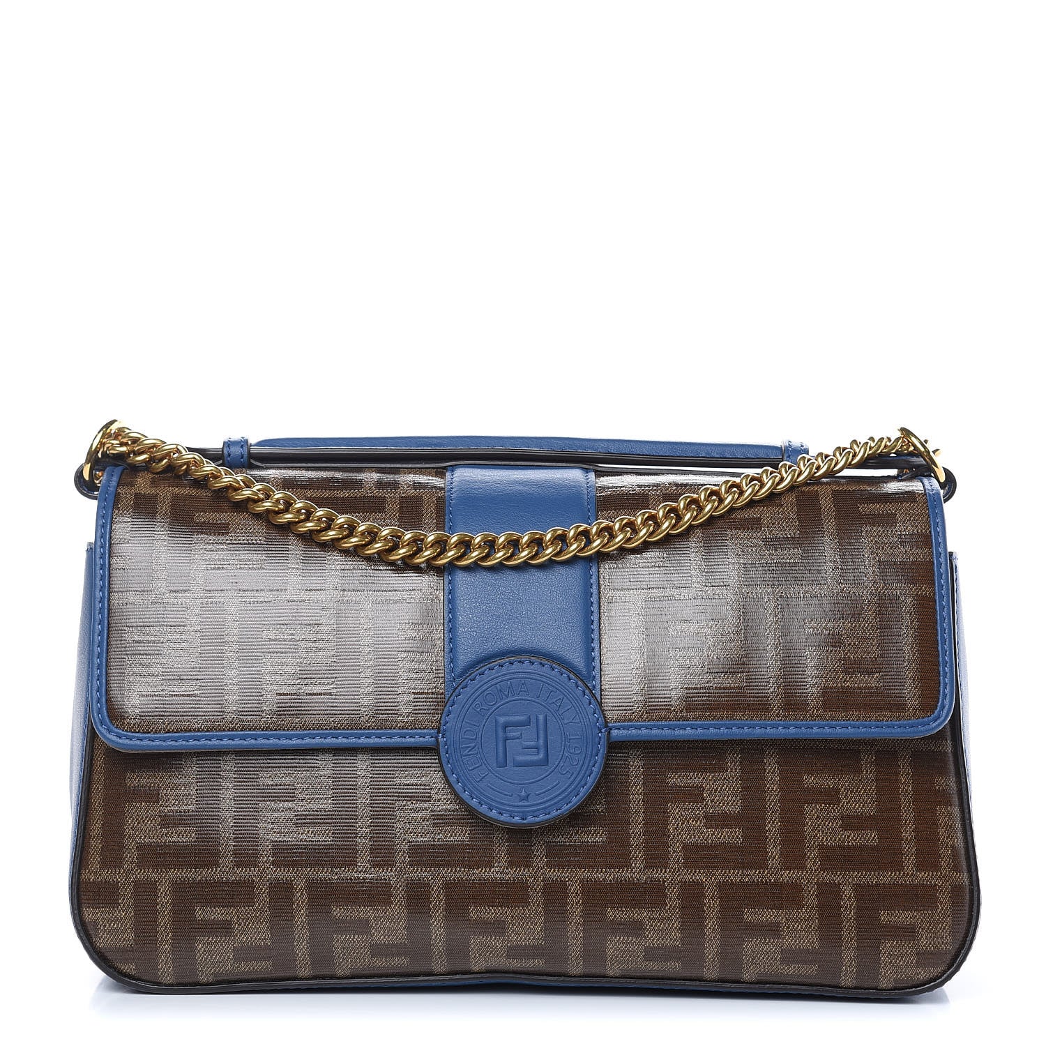 Fendi Vitello Grace Glazed Fabric FF 1974 Double F Shoulder Bag Iris Mogano Panna 1 of 10