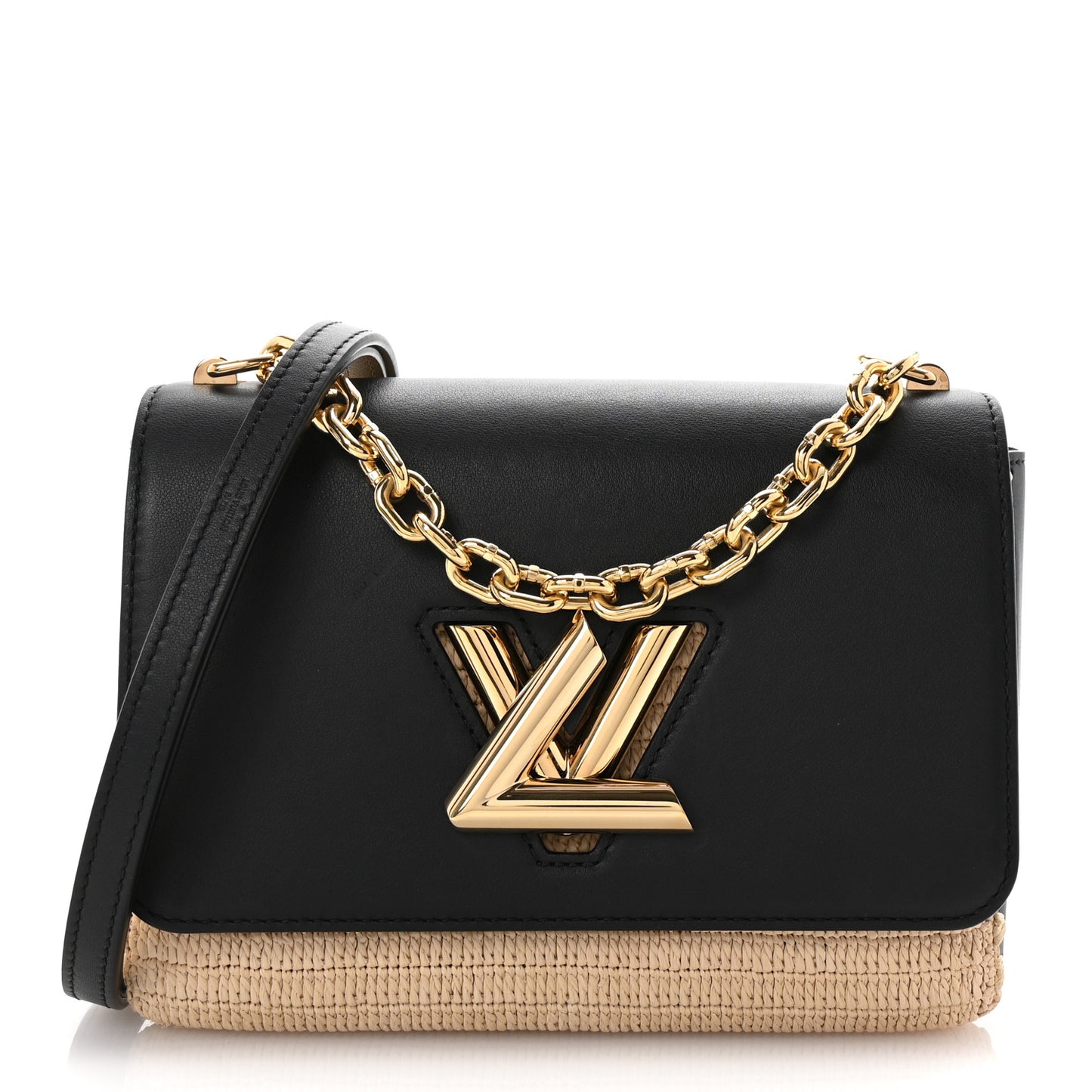 Calfskin Raffia Twist Shoulder Bag MM Black