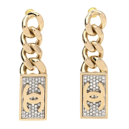 Chanel Crystal Dog Tag Charm Earrings Gold 1 of 5