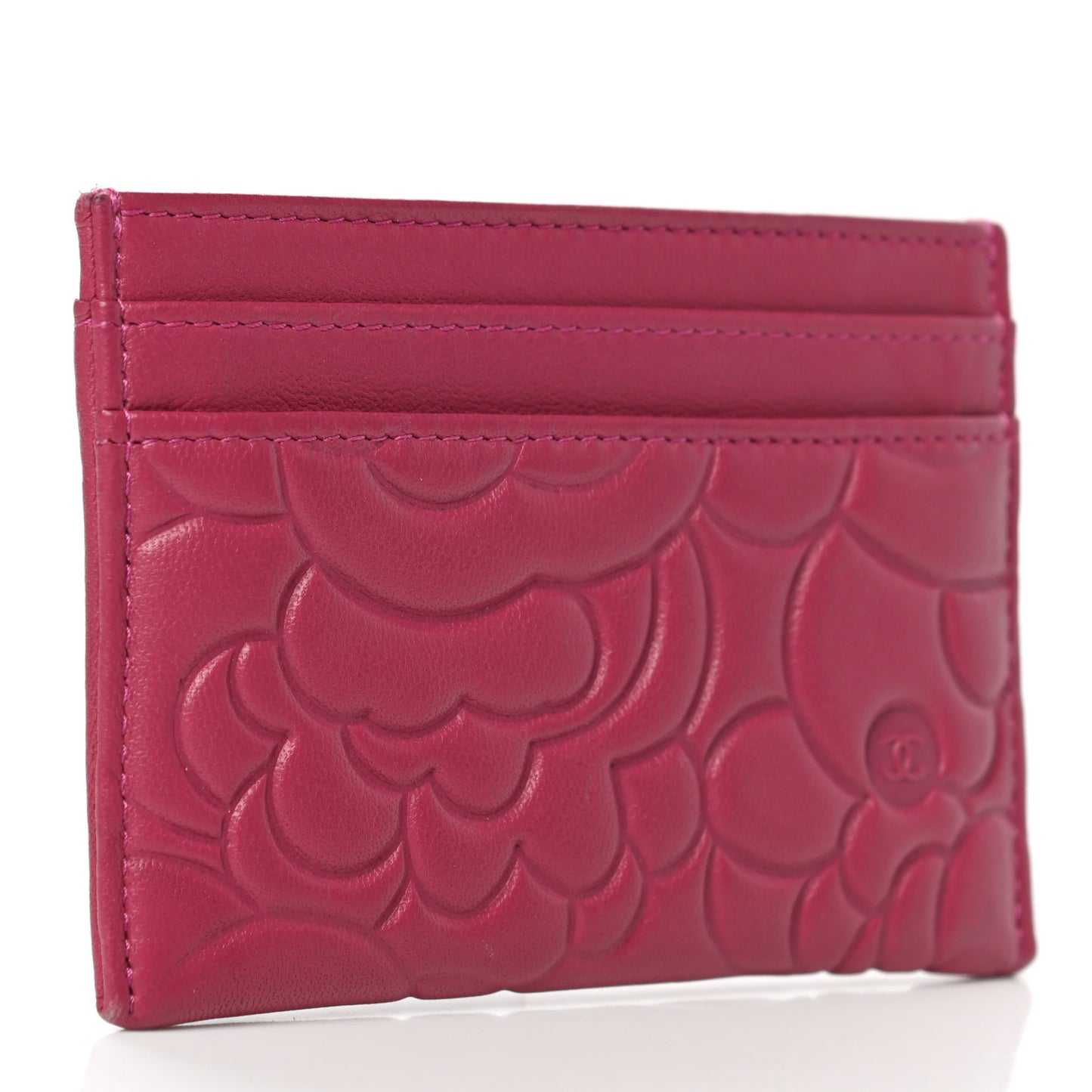 Lambskin Camellia Embossed Card Holder Fuchsia