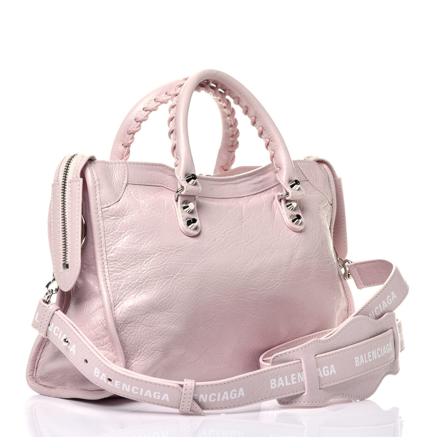 Agneau Classic Silver Hardware S City Logo Strap Light Rose White