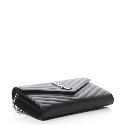 Saint Laurent Grain De Poudre Matelasse Chevron Monogram Chain Wallet Black 4 of 12