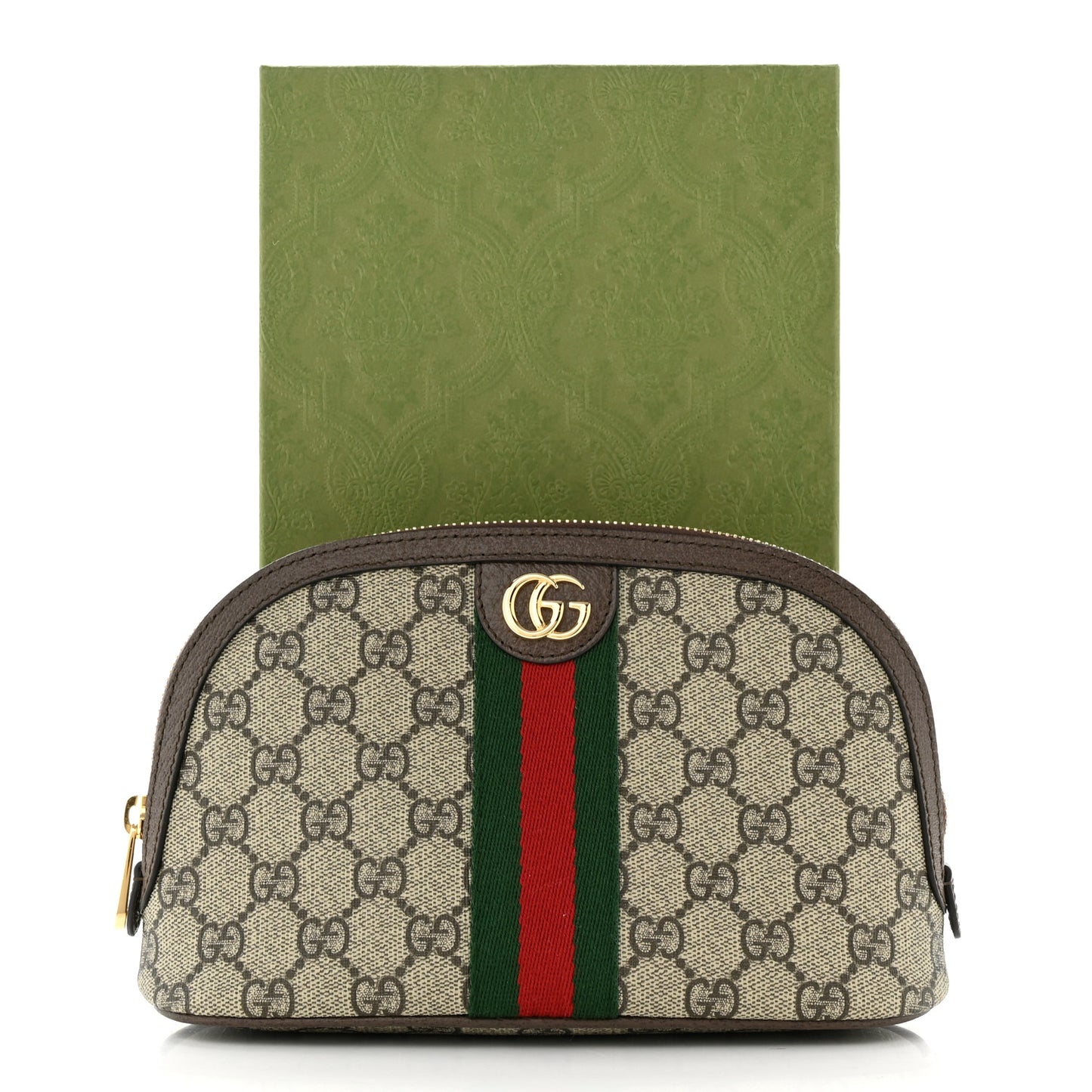GG Supreme Monogram Textured Calfskin Web Large Ophidia Cosmetic Case Beige Ebony New Acero