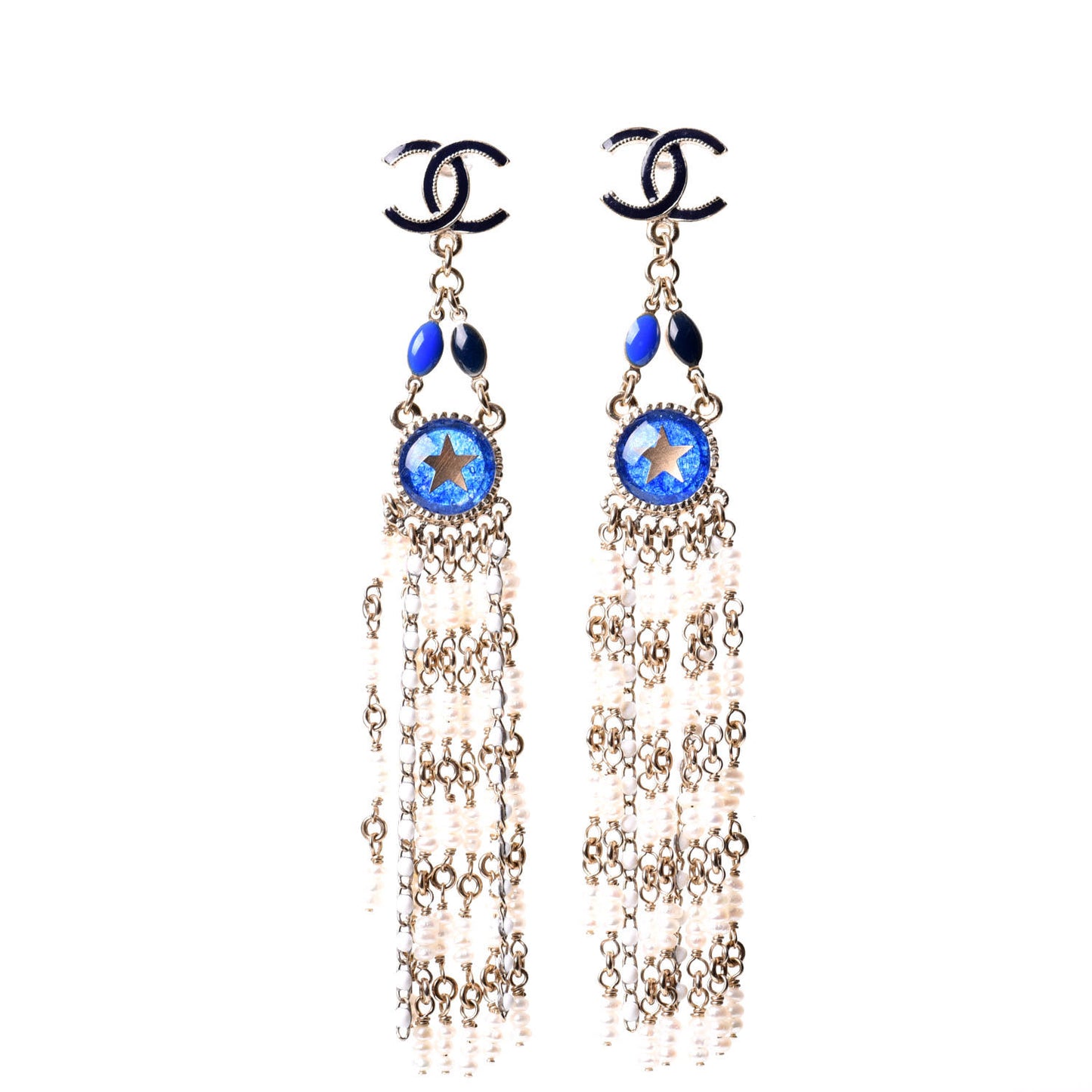Enamel Beaded CC Dangle Earrings White Blue Gold