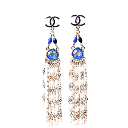 Chanel Enamel Beaded CC Dangle Earrings White Blue Gold 1 of 5