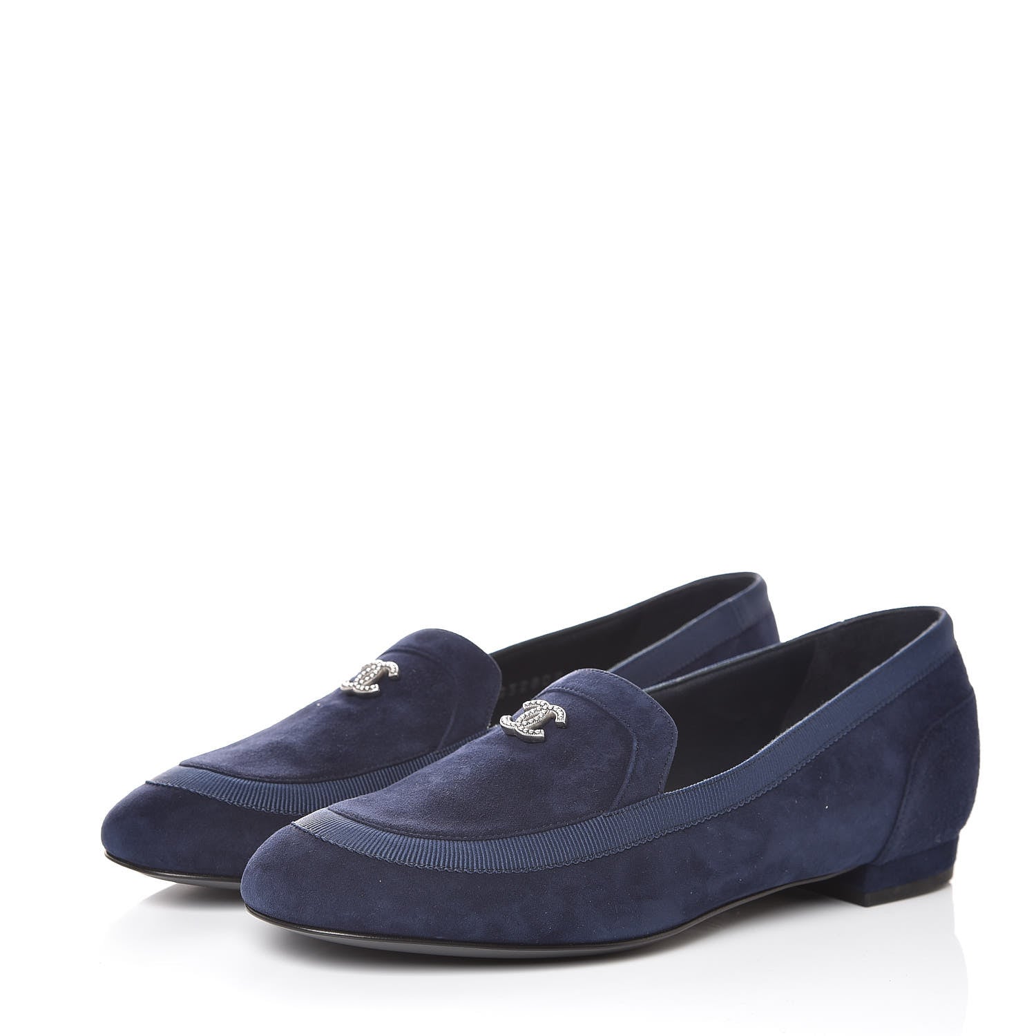 Chanel Kid Suede Grosgrain Moccasin Loafers 36.5 Navy 3 of 9