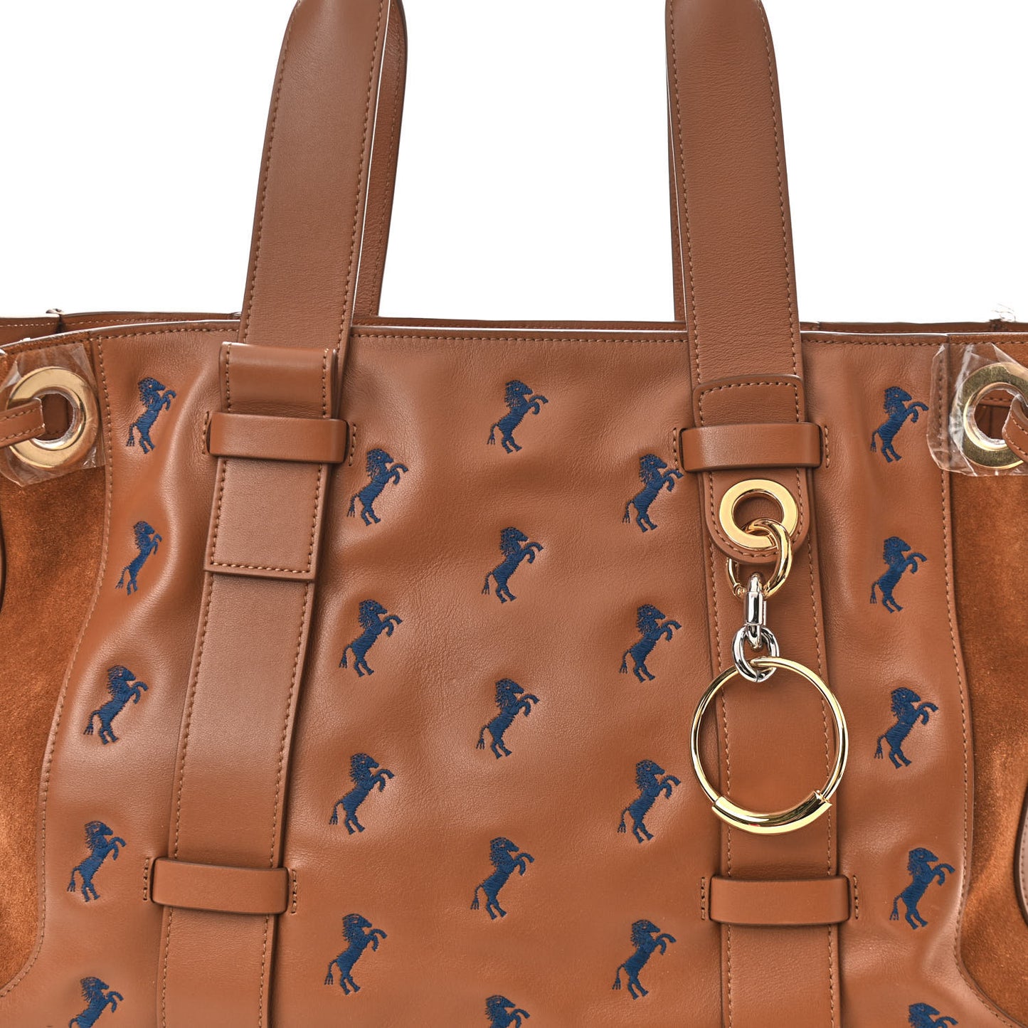 Smooth Calfskin Little Horses Embroidered Tao Zipped Tote Caramel