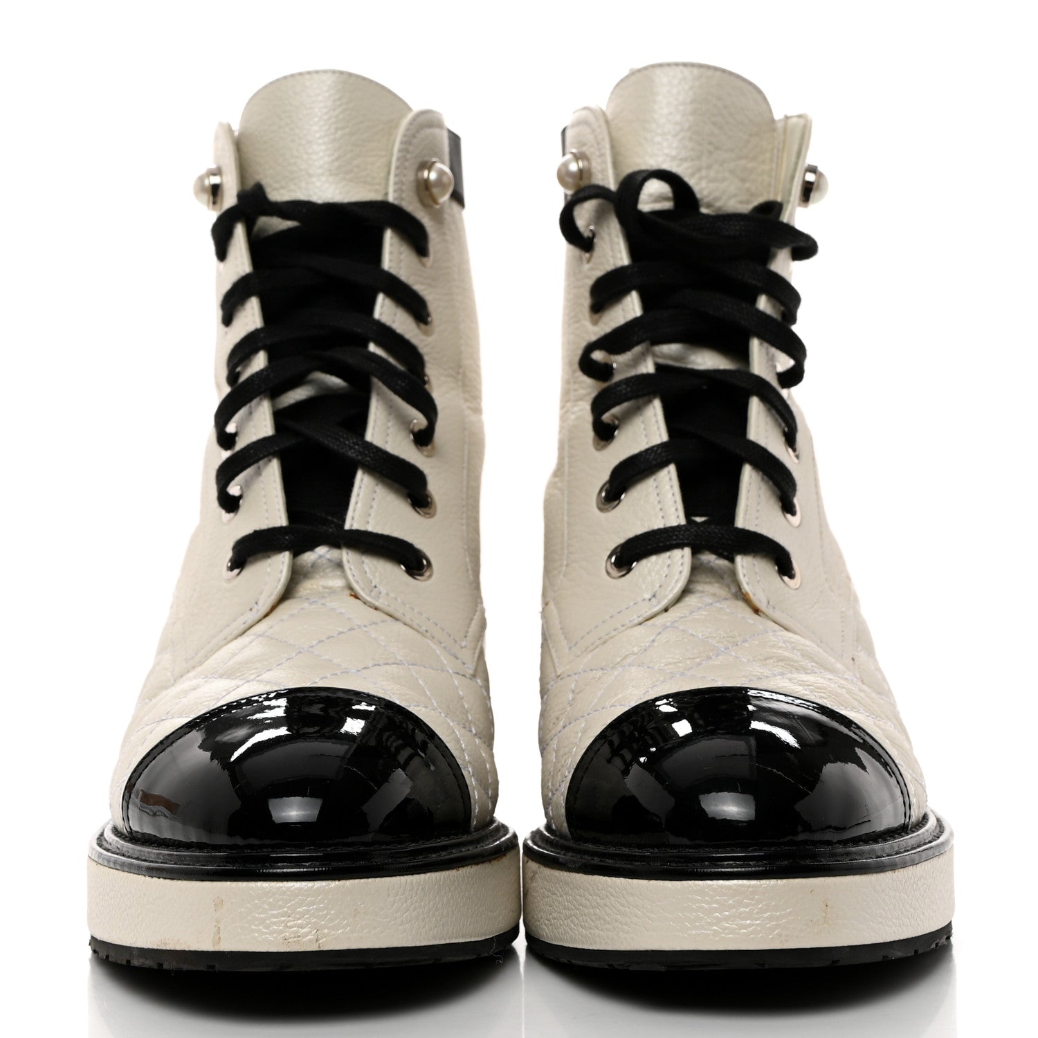 Chanel Pearly Calfskin Patent Calfskin Quilted Lace Up Boots 37.5 White Light Gray Black 2 of 12
