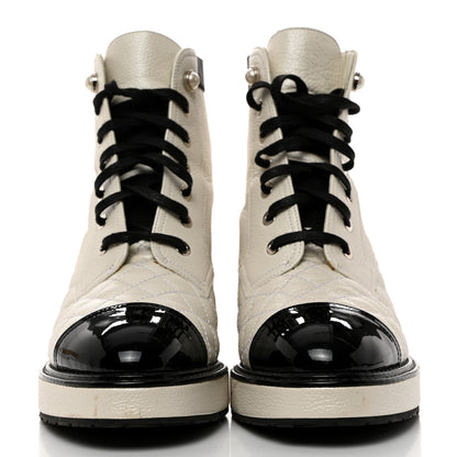 Chanel Pearly Calfskin Patent Calfskin Quilted Lace Up Boots 37.5 White Light Gray Black 2 of 12
