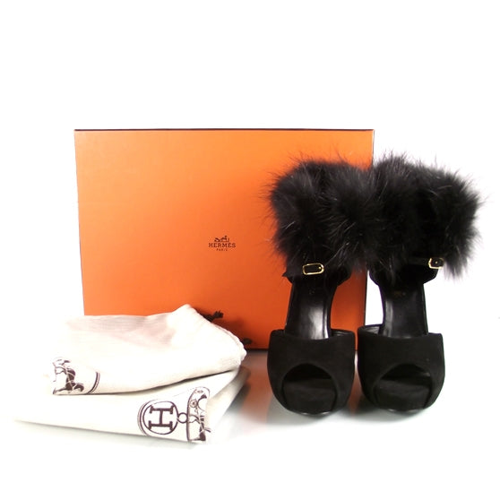 Hermes Suede Mink Baggatelle Platform Heels 36.5 Black 2 of 7
