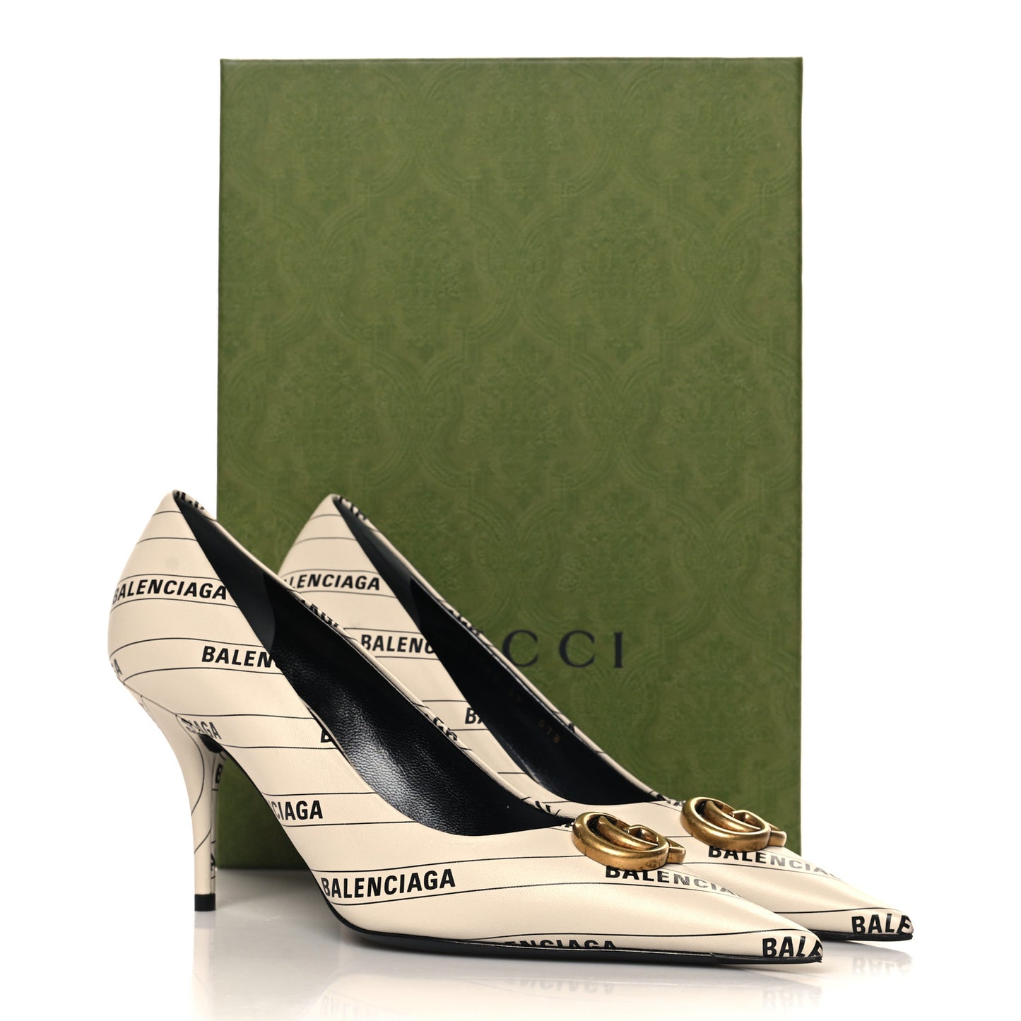 X BALENCIAGA Nappa Charlotte Allover Logo GG Pumps 39 Mystic White Black