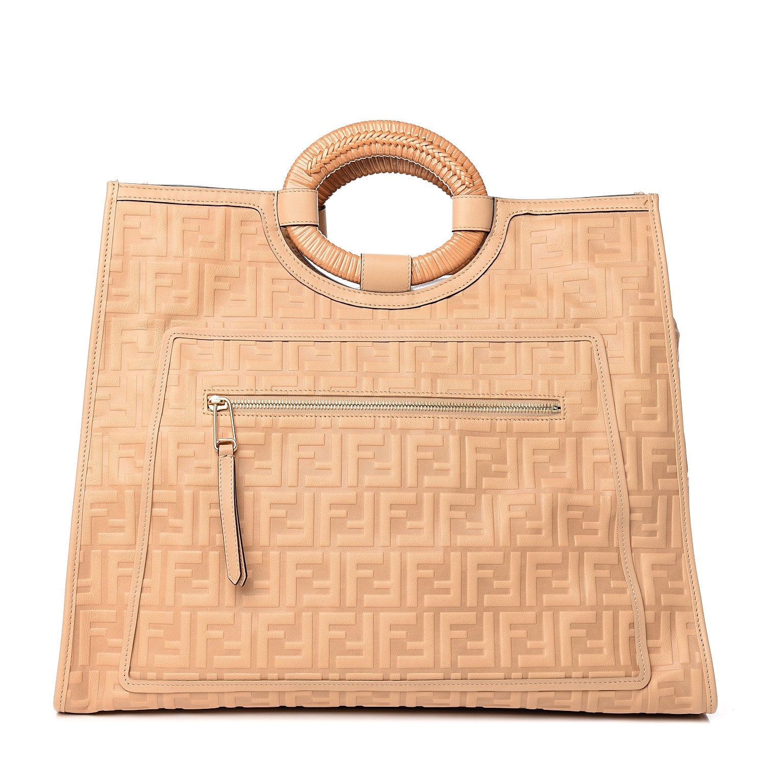Fendi Vitello Cristallo Nature Wicker FF 1974 Embossed Large Runaway Shopper Tote Makeup 1 of 9