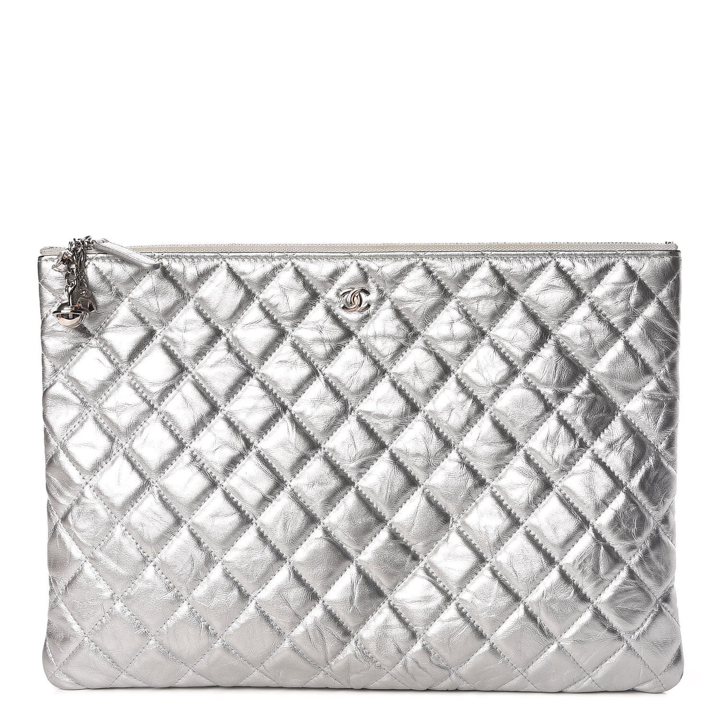 Metallic Calfskin Quilted Large Cosmo Cosmetic Case Silver
