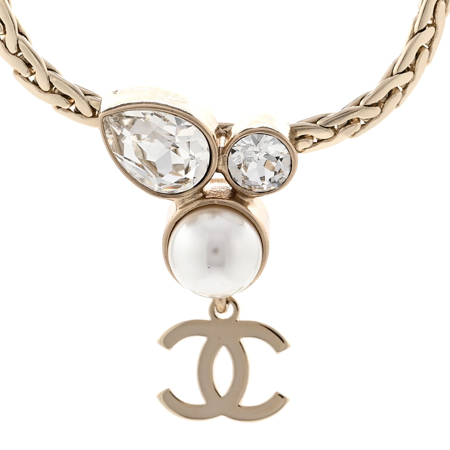 Chanel Pearl Crystal CC Teardrop Braided Necklace Gold 4 of 6
