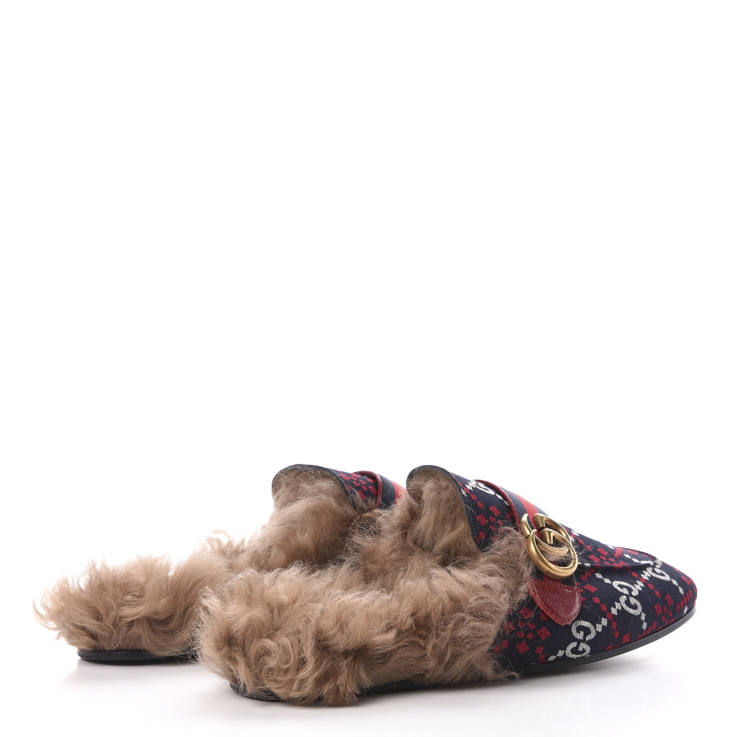 Canvas GG Monogram Diamond Fur Web GG Mens Princetown Slippers 9 Midnight Blue Hibiscus Red