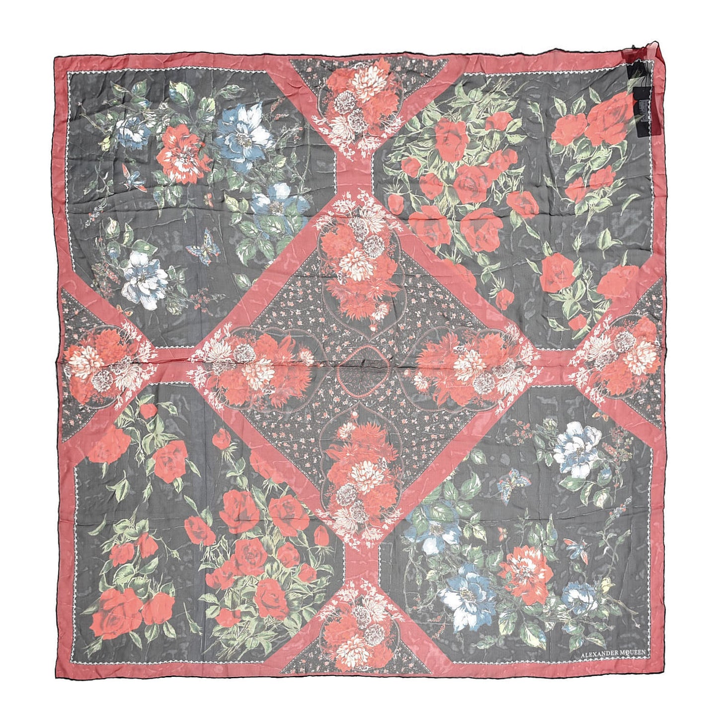Silk Floral Scarf Red Black