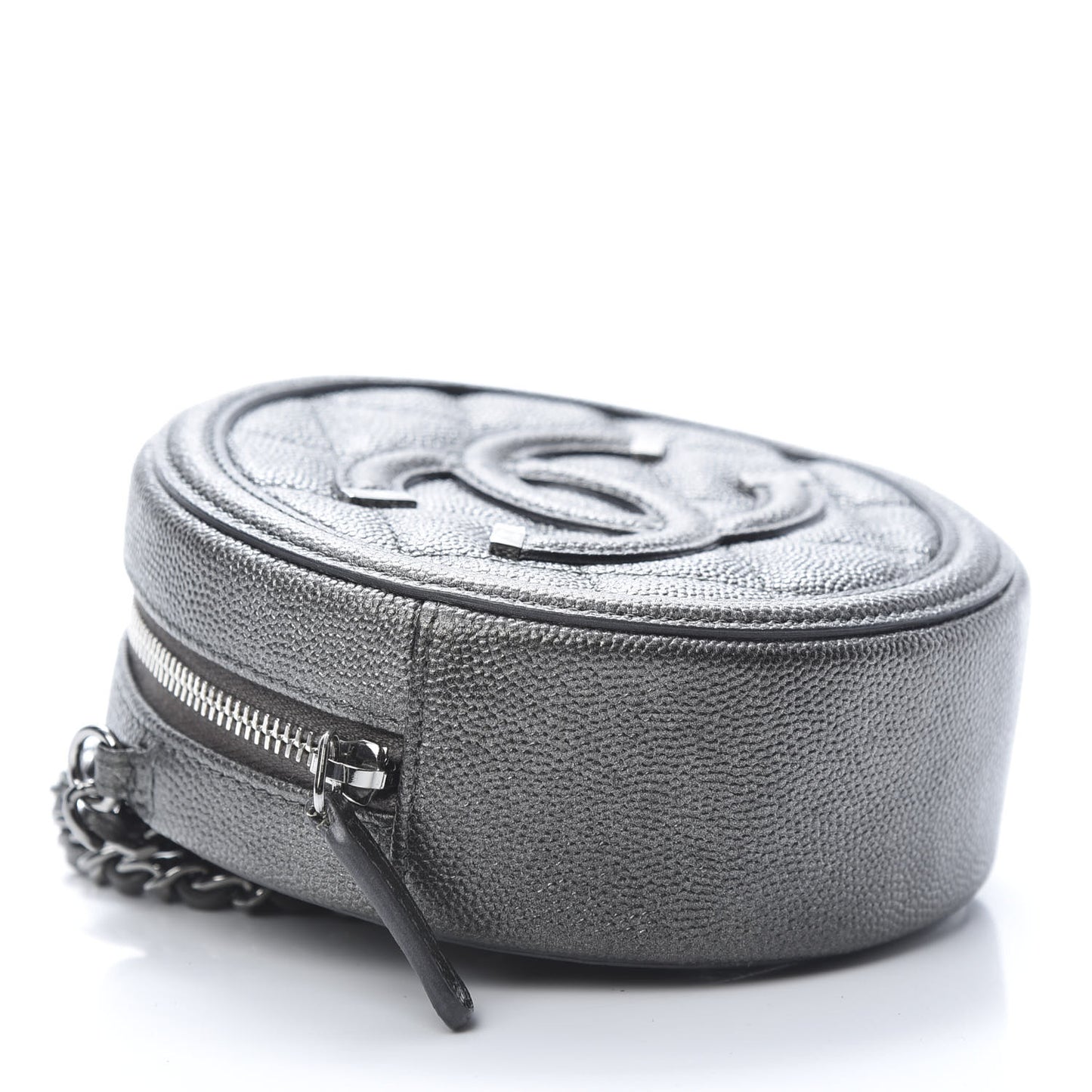 Metallic Caviar Quilted Round Filigree Crossbody Dark Silver