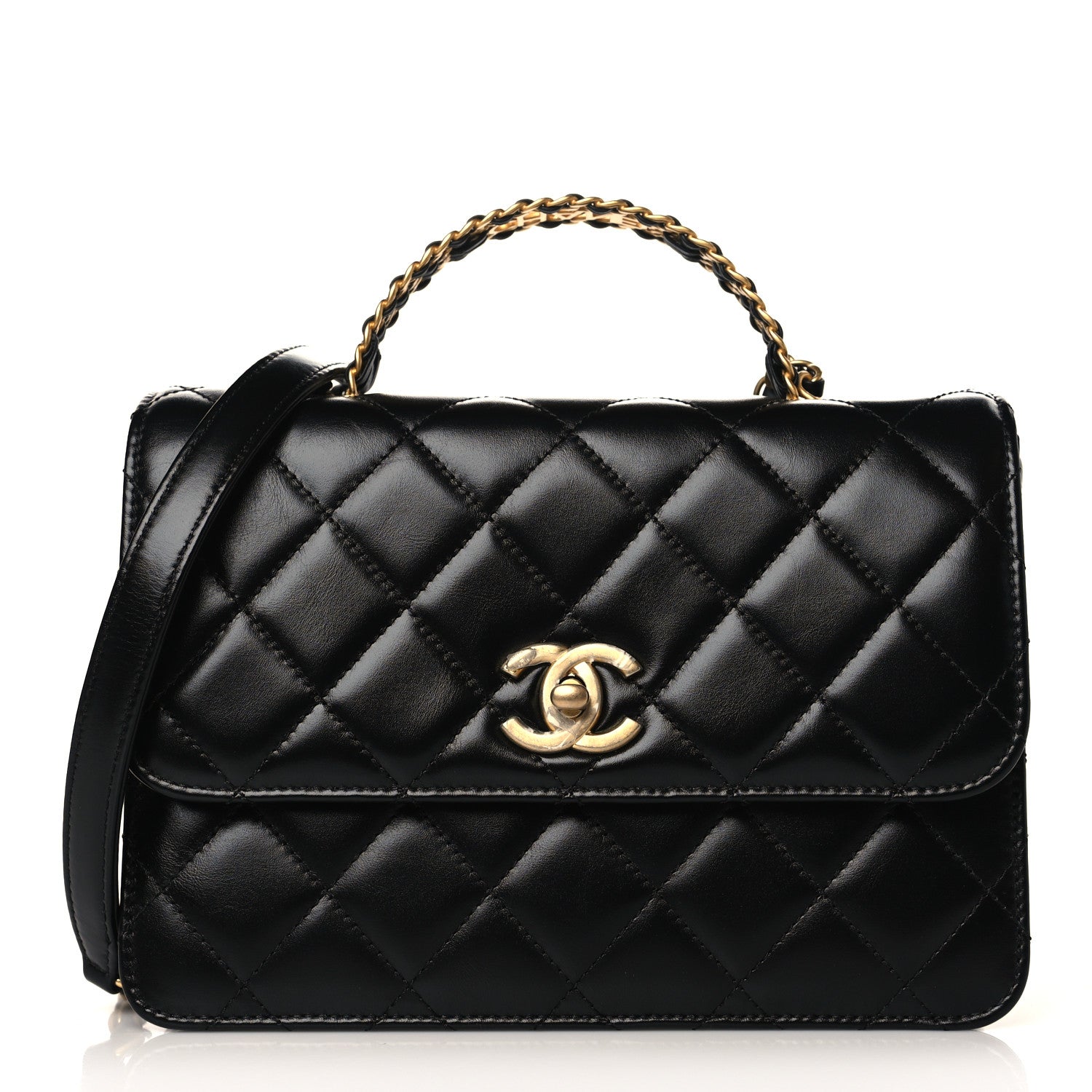 Chanel Shiny Calfskin Quilted Small Chain Top Handle Flap Black 1 of 9