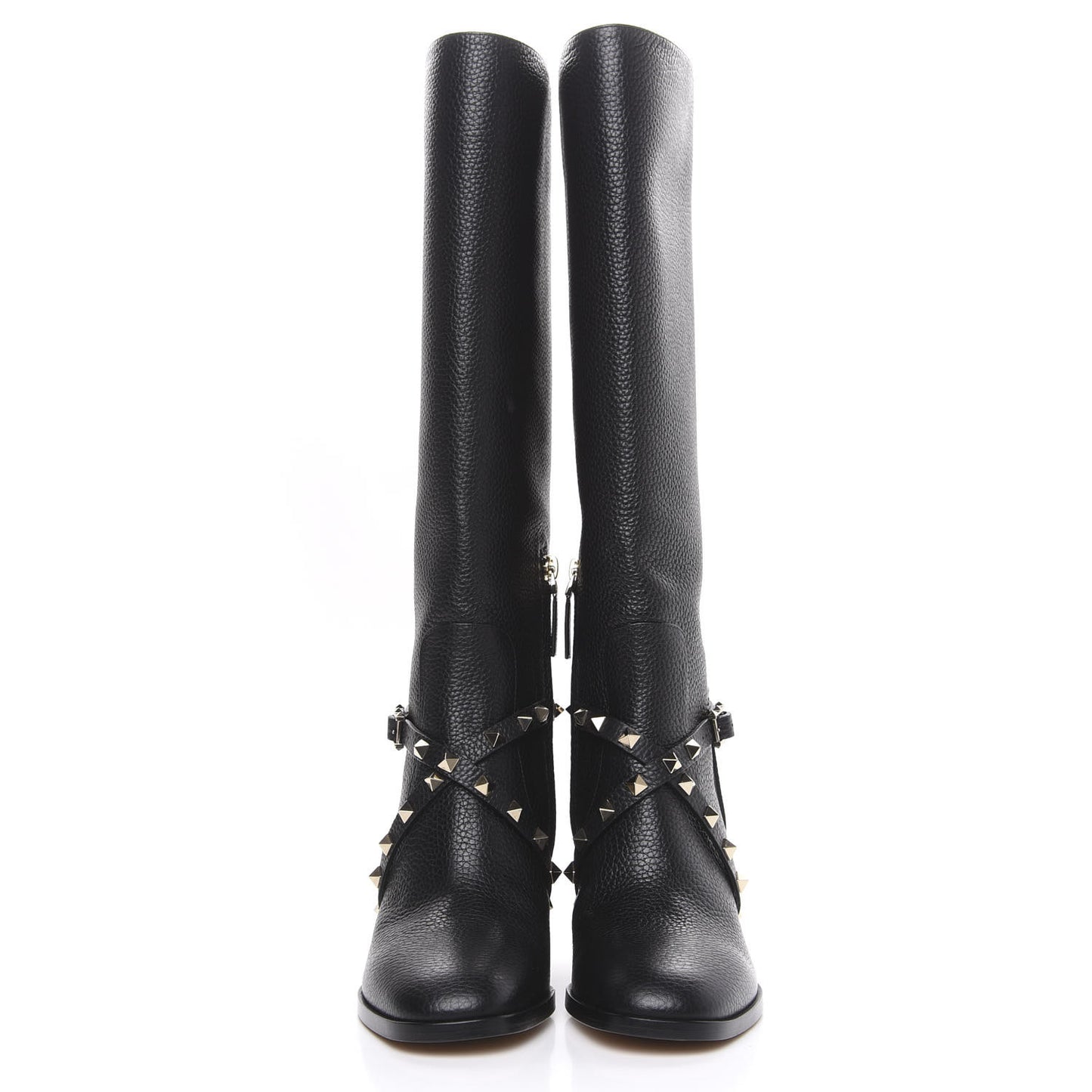 Pebbled Calfskin Rockstud Knee High Block Heel 60mm Boots 37 Black