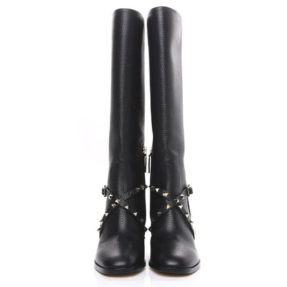 Valentino Garavani Pebbled Calfskin Rockstud Knee High Block Heel 60mm Boots 37 Black 2 of 7