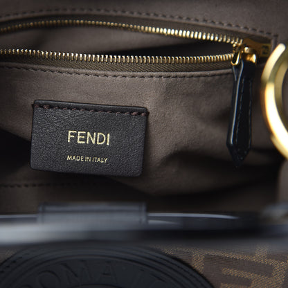 Fendi Glazed Fabric Vitello Century Plexiglass FF 1974 Stamp Patch Small Runaway Shopper Tote Mogano Panna Black 6 of 9