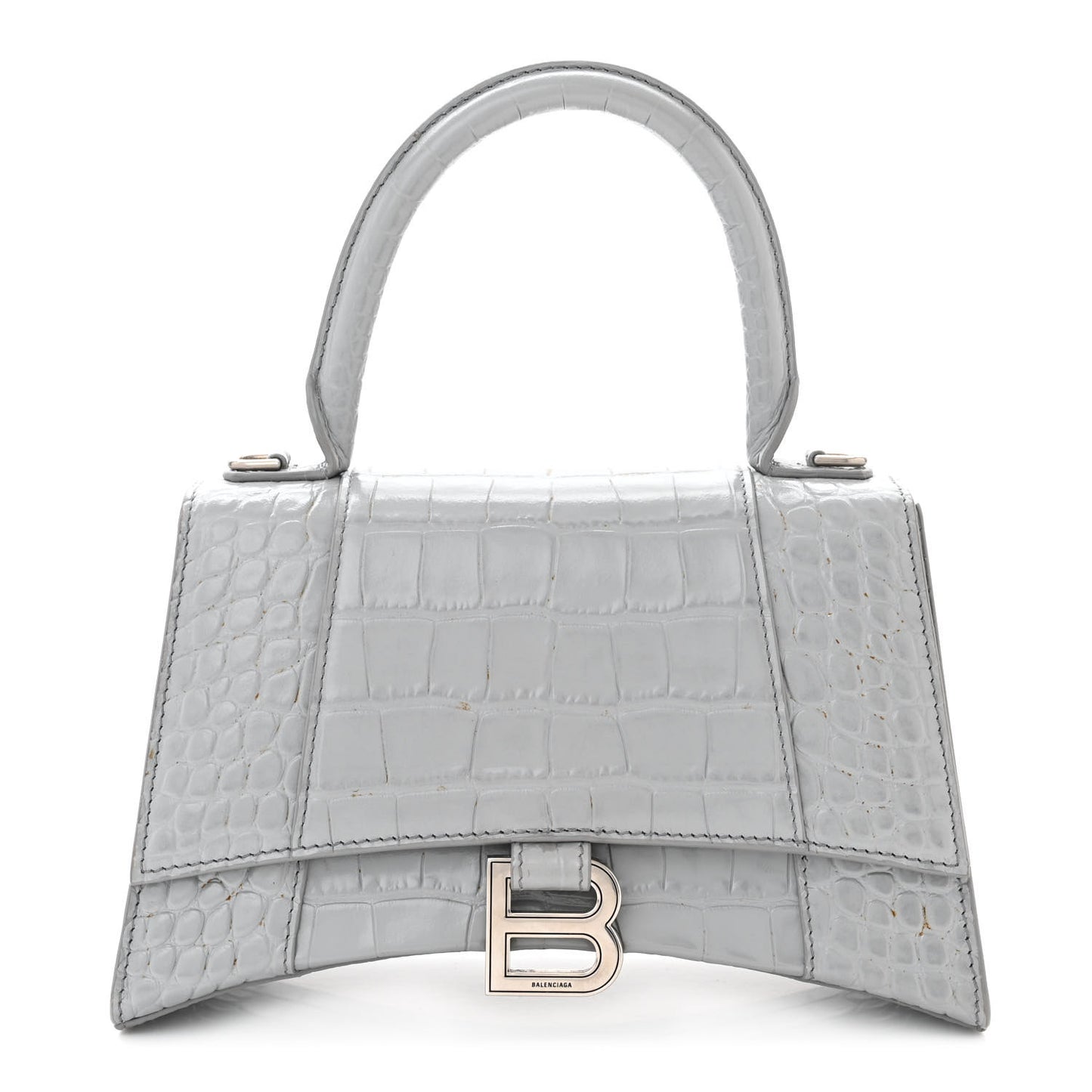 Shiny Calfskin Crocodile Embossed Small Hourglass Top Handle Bag Steel Grey
