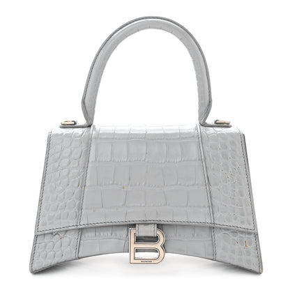 Balenciaga Shiny Calfskin Crocodile Embossed Small Hourglass Top Handle Bag Steel Grey 1 of 14