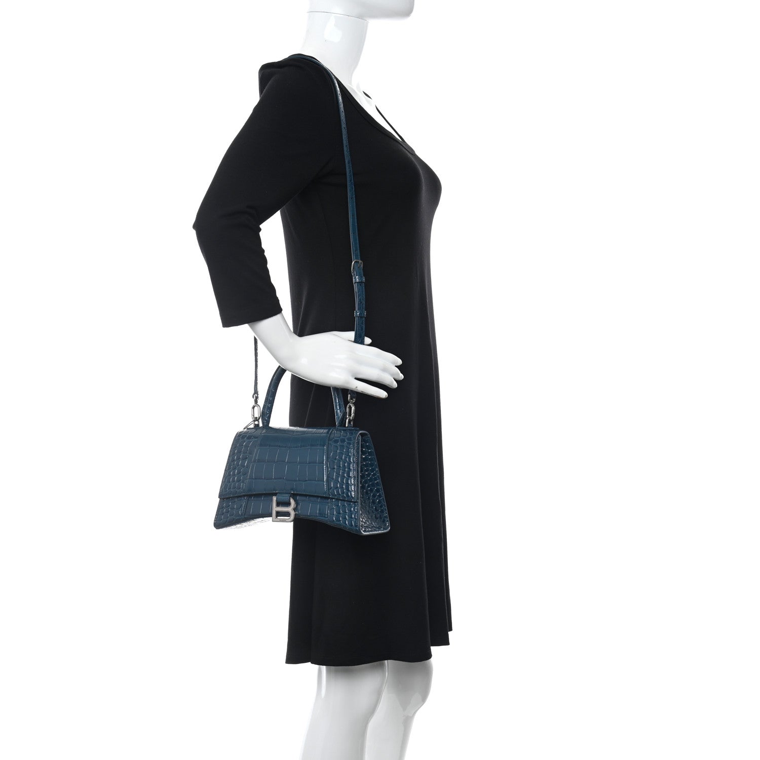 Balenciaga Shiny Calfskin Crocodile Embossed Small Hourglass Top Handle Bag Dark Petrol Blue 2 of 10