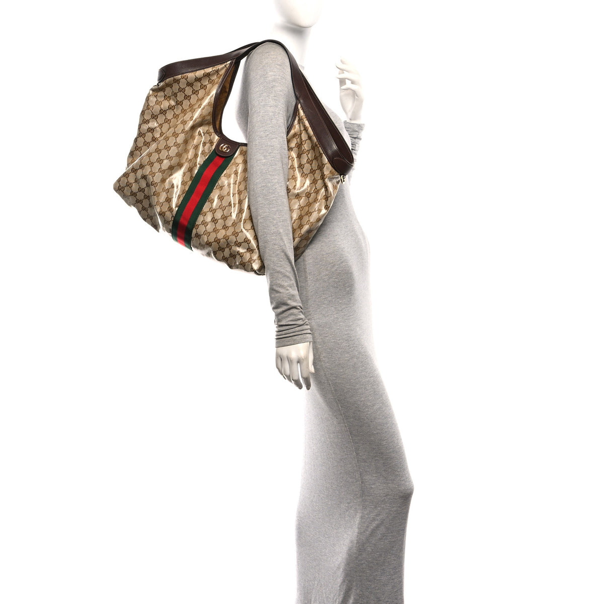 Varnished GG Monogram Web Large Giglio Tote Sand Dark Brown