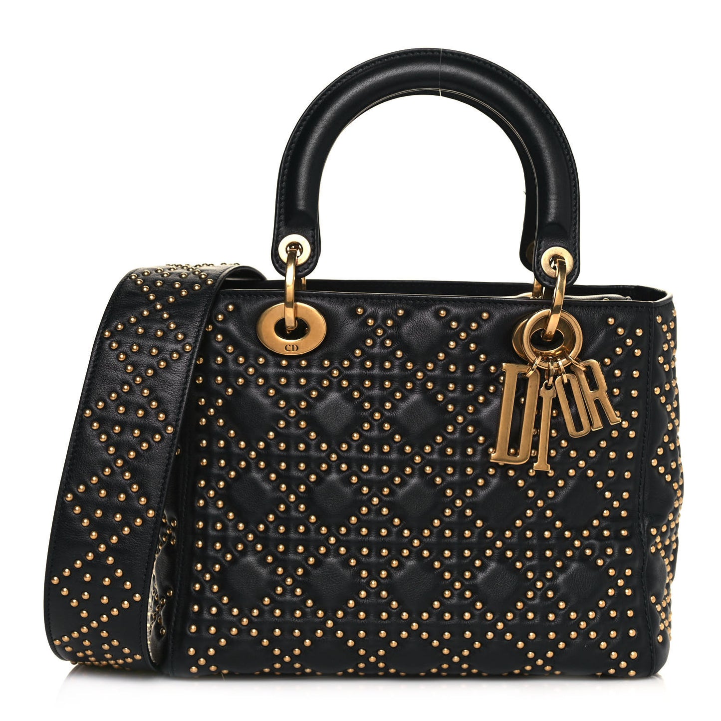 Calfskin Cannage Studded Medium Supple Lady Dior Black