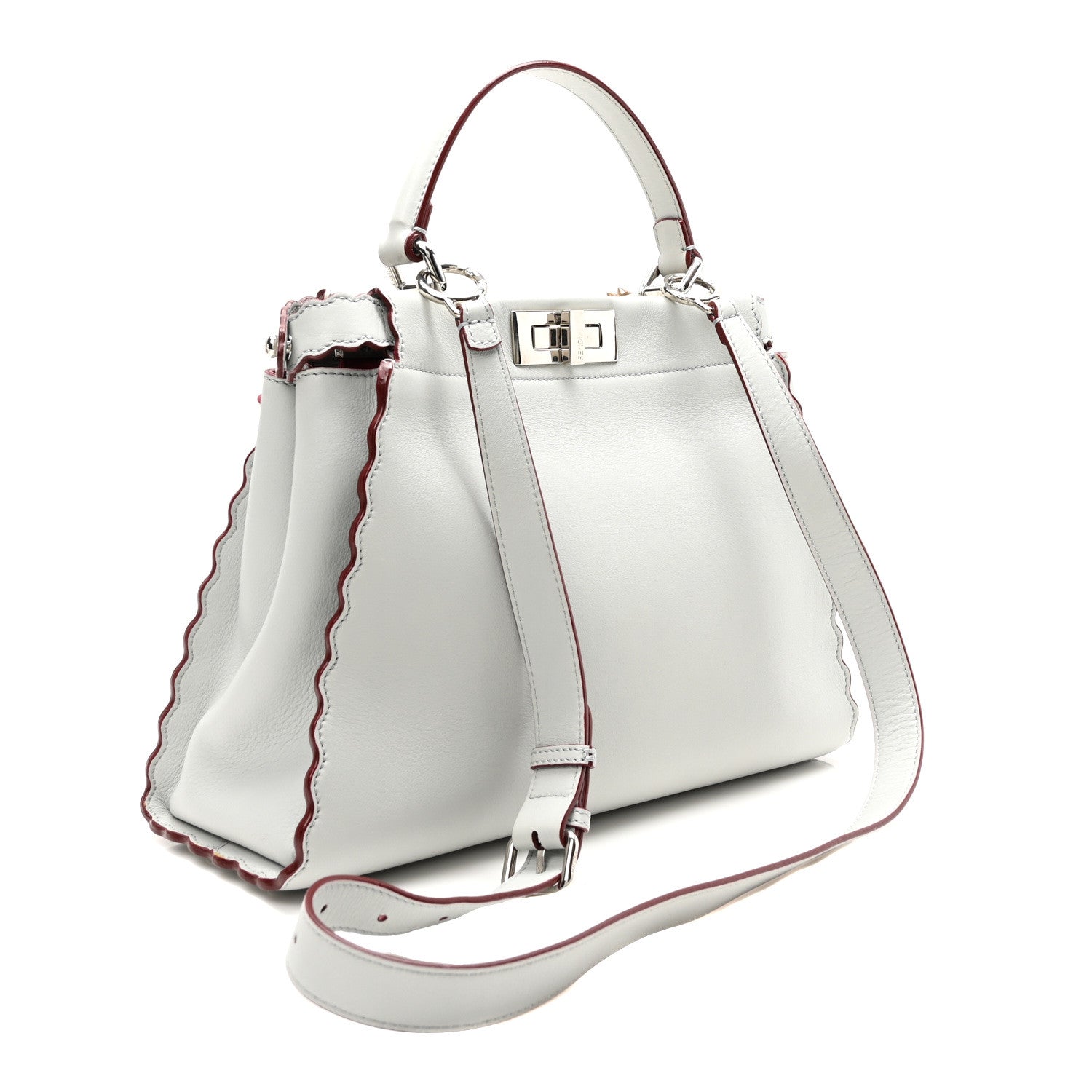 Fendi Vitello Seta Shiny Nappa Pearl Scalloped Studded Floral Embroidered Medium Peekaboo Iconic Satchel Grigio Perla Multicolor 3 of 9