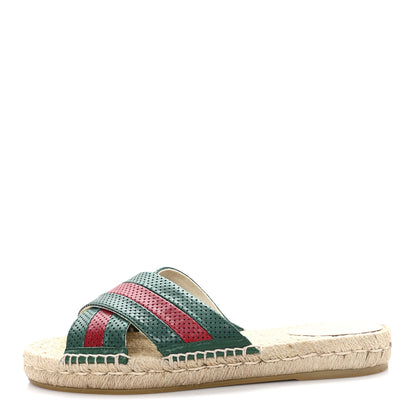 Gucci Malaga Kid Perforated Criss Cross Espadrille Slide Sandals 38.5 Emerald Hibiscus Red 1 of 10
